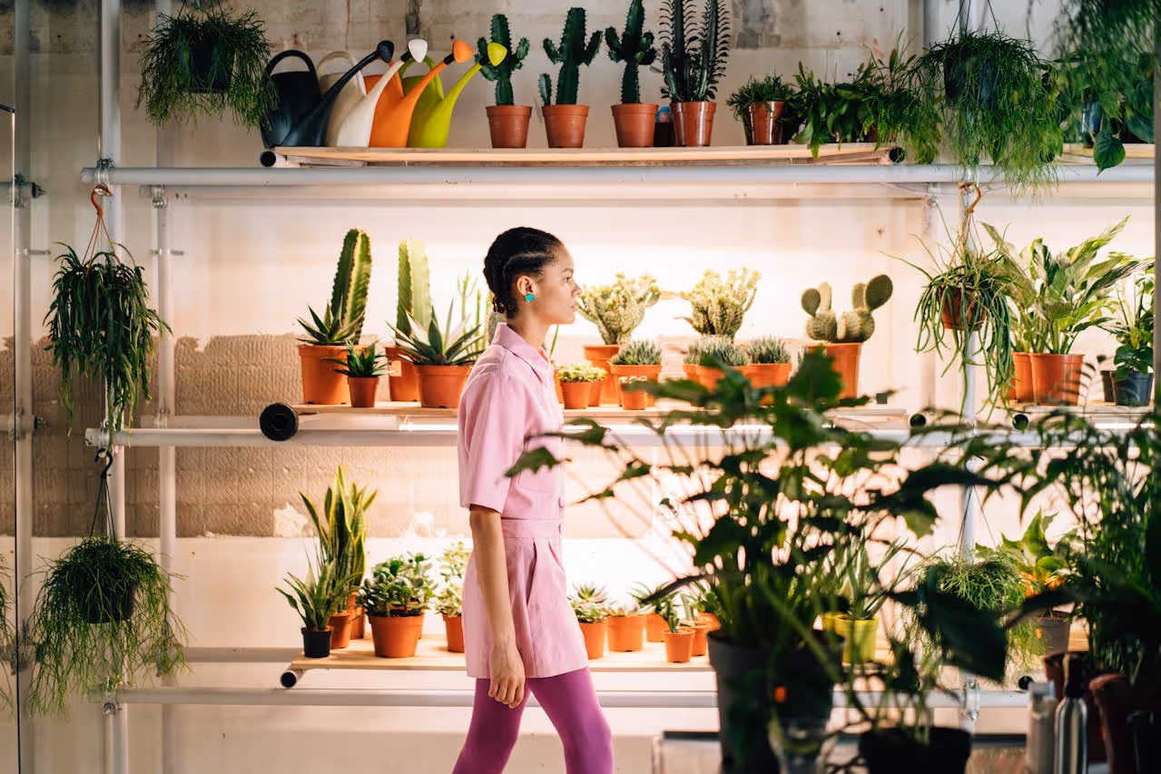 Woman walking across a plant shop.
