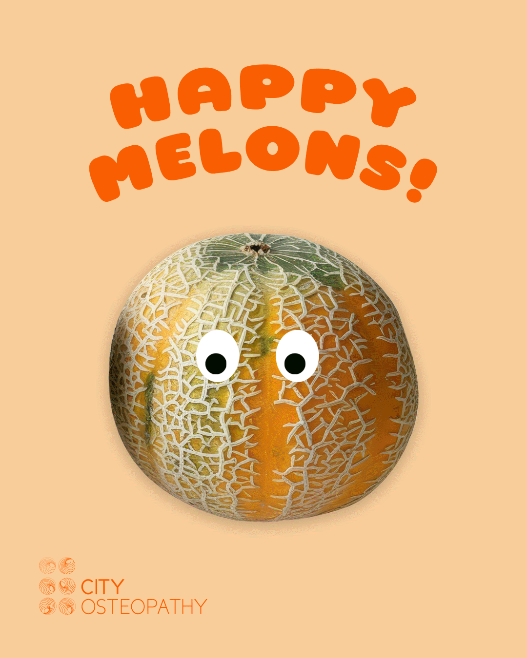 Happy Melons Program logo at City Osteopathy featuring colorful cartoon melons with cute faces arranged in a gradient from red to green, representing the clinic's specialist treatment program for flat head syndrome and infant head shape monitoring