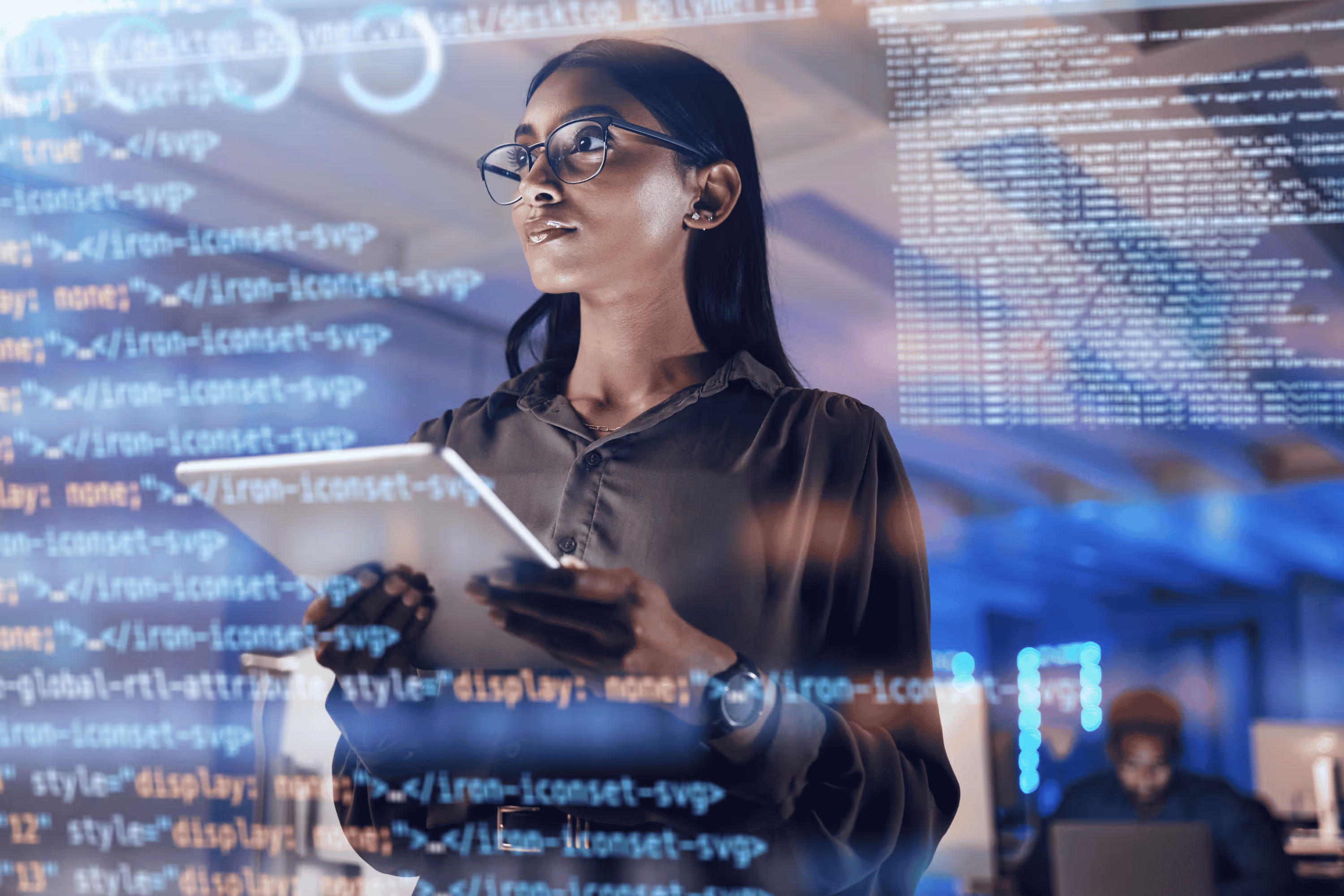 a woman standing before code