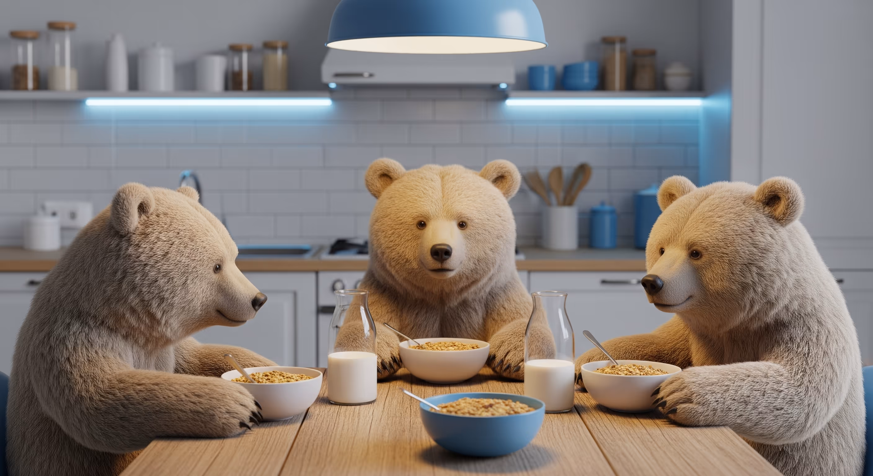 Ein Bild von drei Teddybären, die am Tisch sitzen