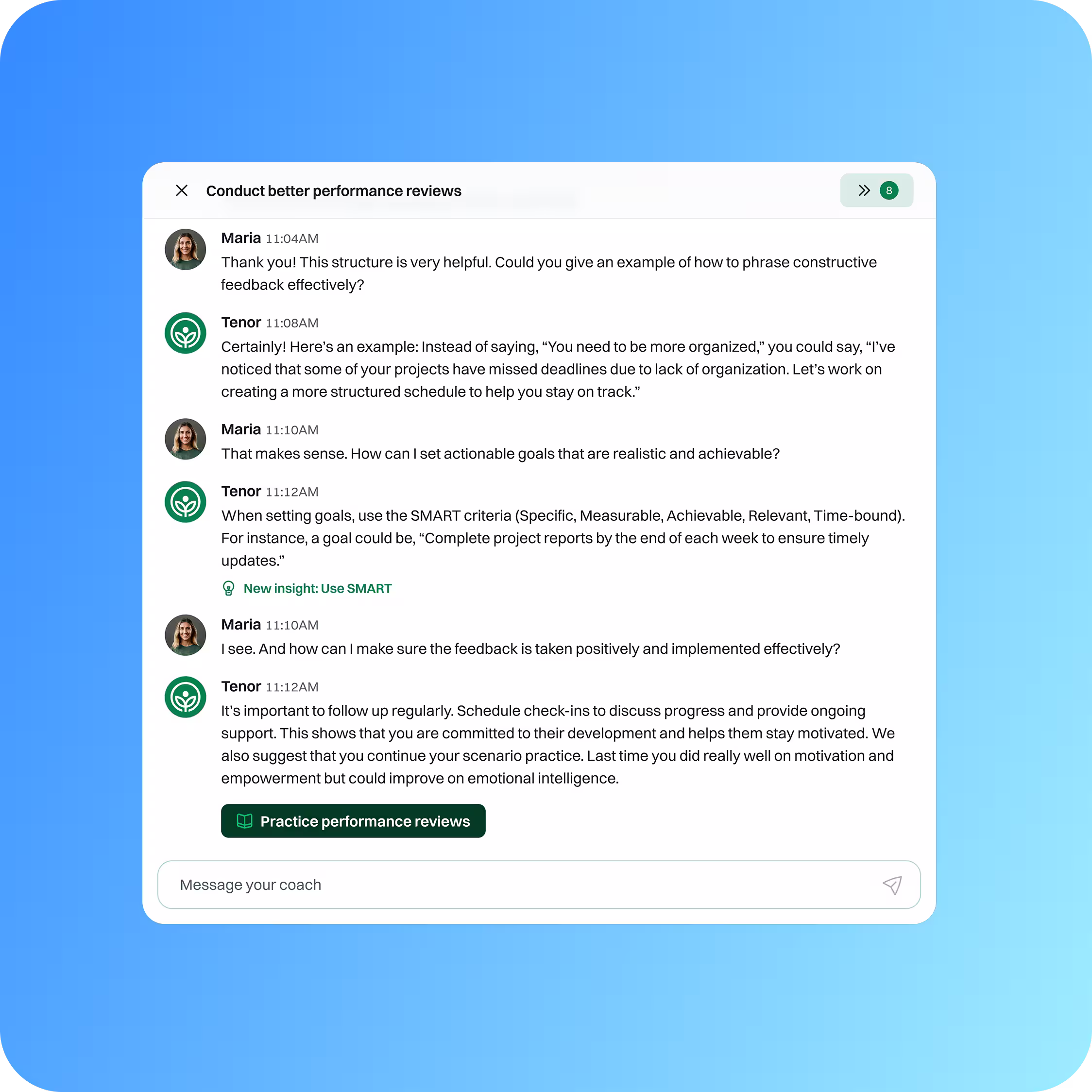 Conversation with the Tenor AI coach about conducting better performance reviews.