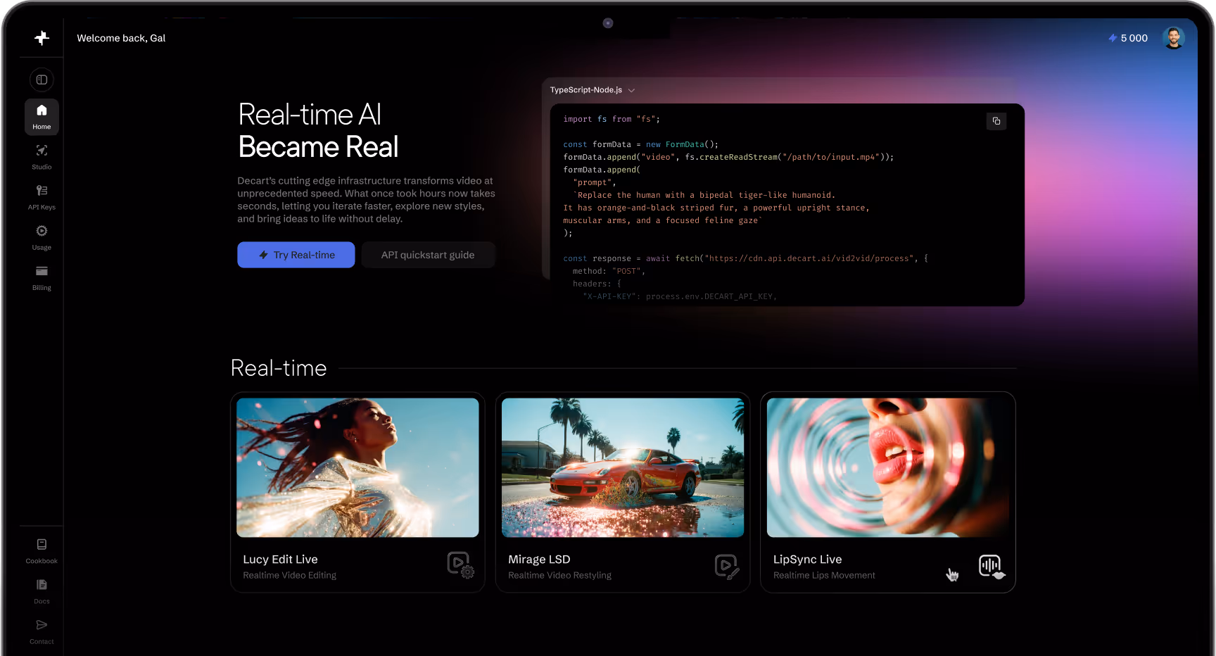 Dashboard interface showing real-time AI features with code snippet and three video tools: Lucy Edit Live, Mirage LSD, and LipSync Live.