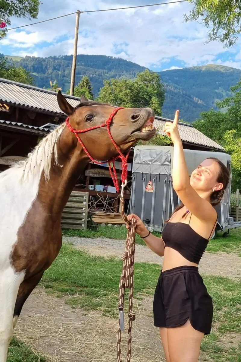Eine junge Frau in schwarzer Sportkleidung steht auf einer Weide und hält ein braun-weißes Pferd mit rotem Halfter an der Leine, während das Pferd flähmt.