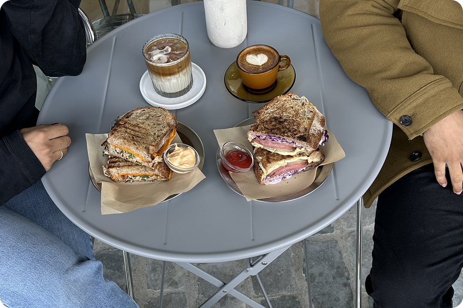 Lunch catch-up: sandwiches, flat whites and conversation.