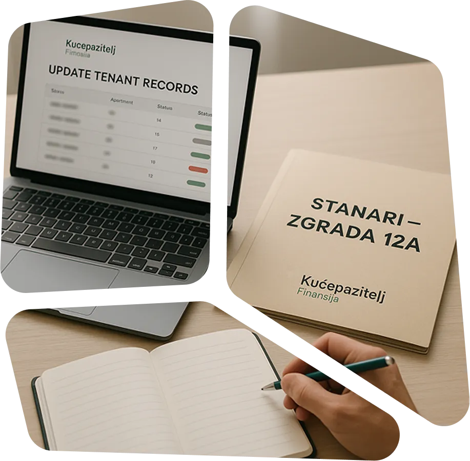 Radni sto sa laptopom i sveskama kao prikaz ažuriranja evidencije stanara