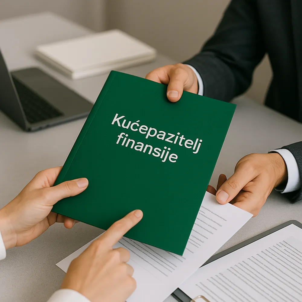 Dve osobe drže svesku sa natpisom Kućepazitej Finansije kao simbol podrške upravnicima