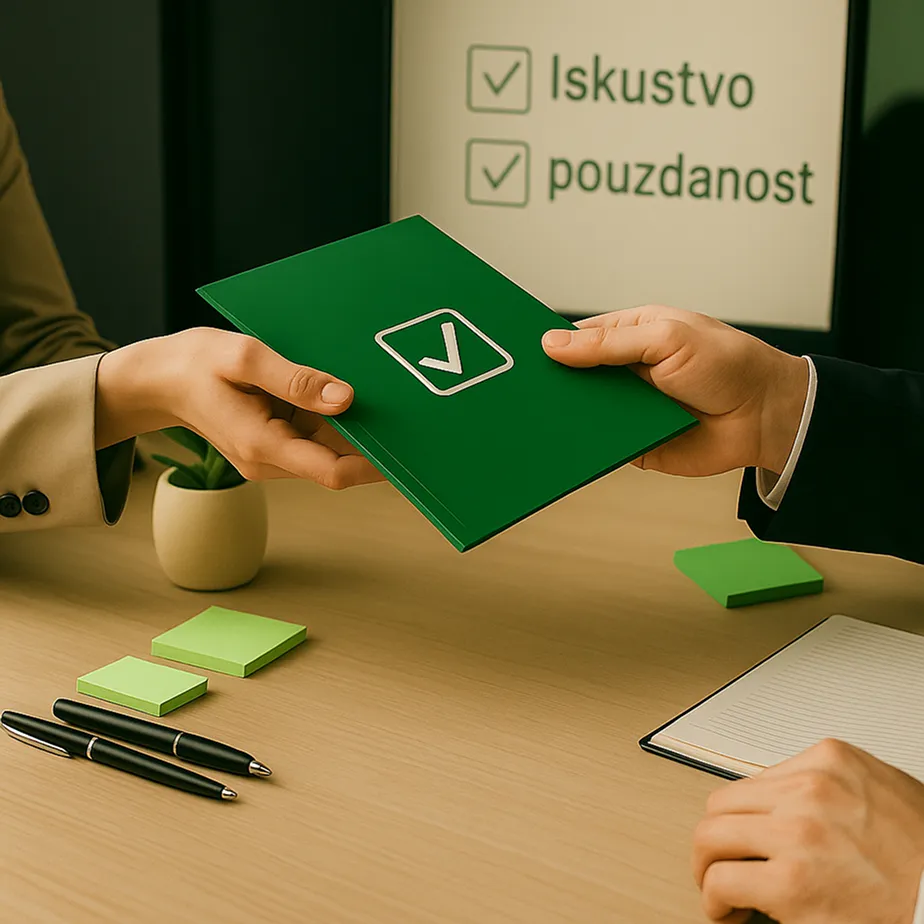 Dve osobe drže svesku, u pozadini tabla sa rečima iskustvo i pouzdanost