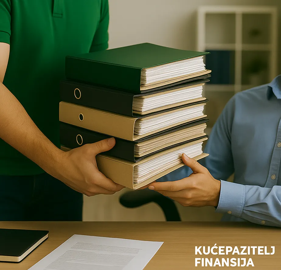 Osoba predaje gomilu fascikli drugoj osobi kao simbol prepuštanja administrativnog tereta