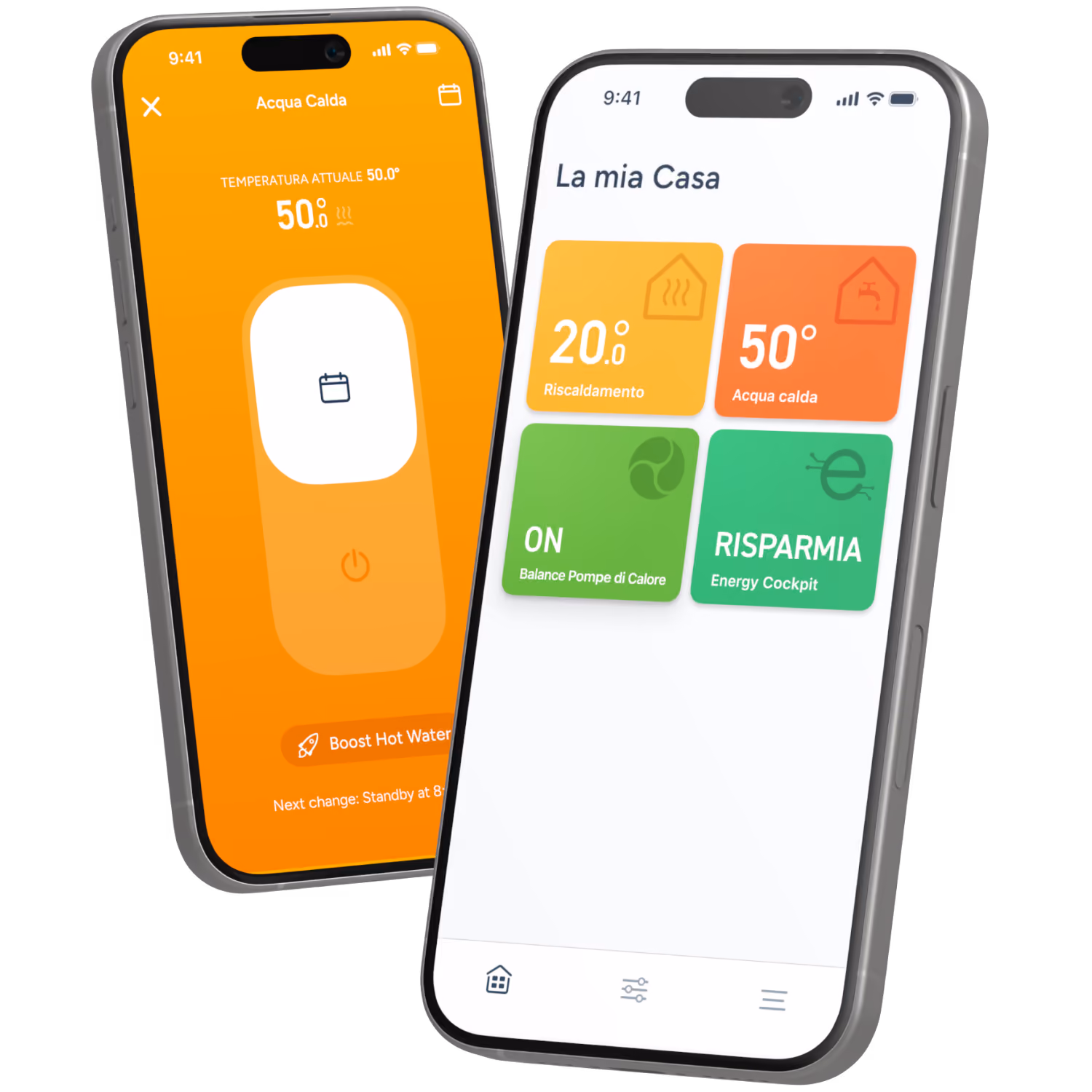 App tado° con schermata iniziale, controllo di temperatura e acqua calda, tado° Balance ed Energy Cockpit
