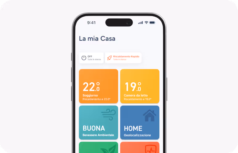 Schermata home dell'app tado°: temperature dei locali, Benessere Ambientale e Geolocalizzazione