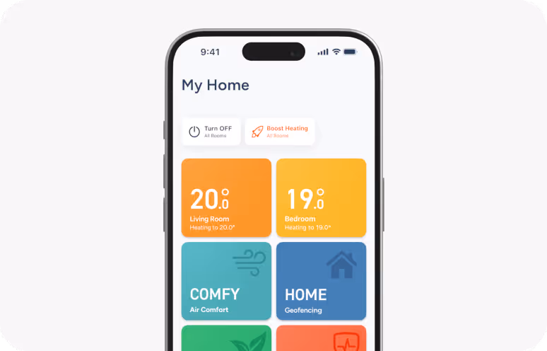 tado° app home screen showing room temperatures, air comfort, and geofencing functions