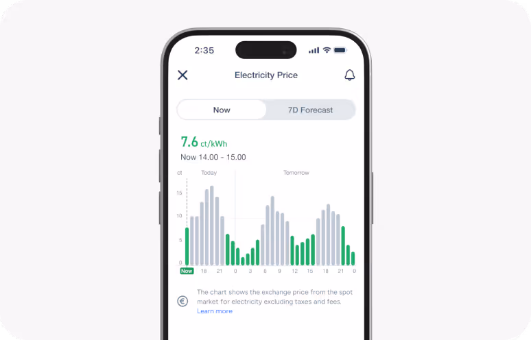 Electricity Price app screen showing current price of 7.6 ct/kWh and a 7-day forecast chart