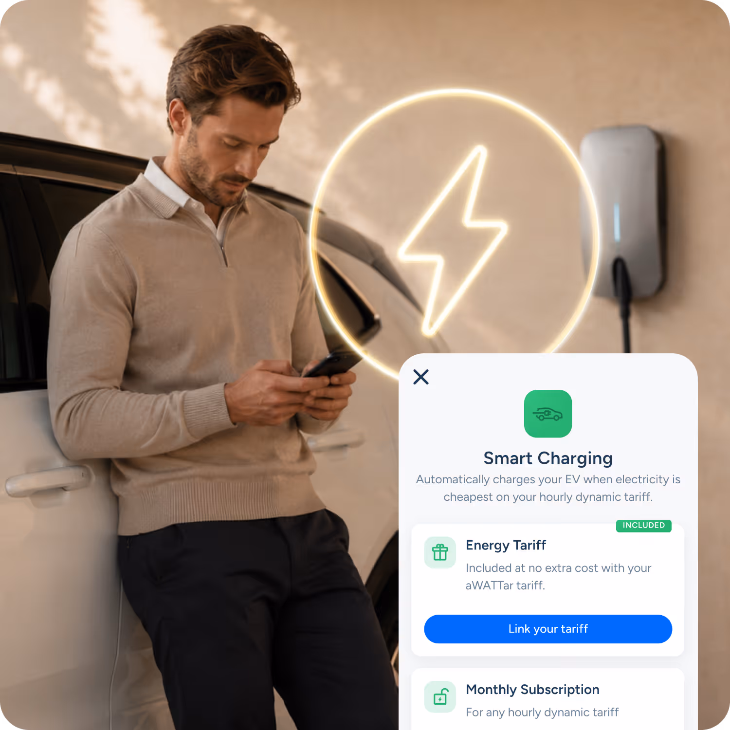 tado° Smart Charging app showing how to link a dynamic electricity tariff like aWATTar to enable automatic cost-based charging