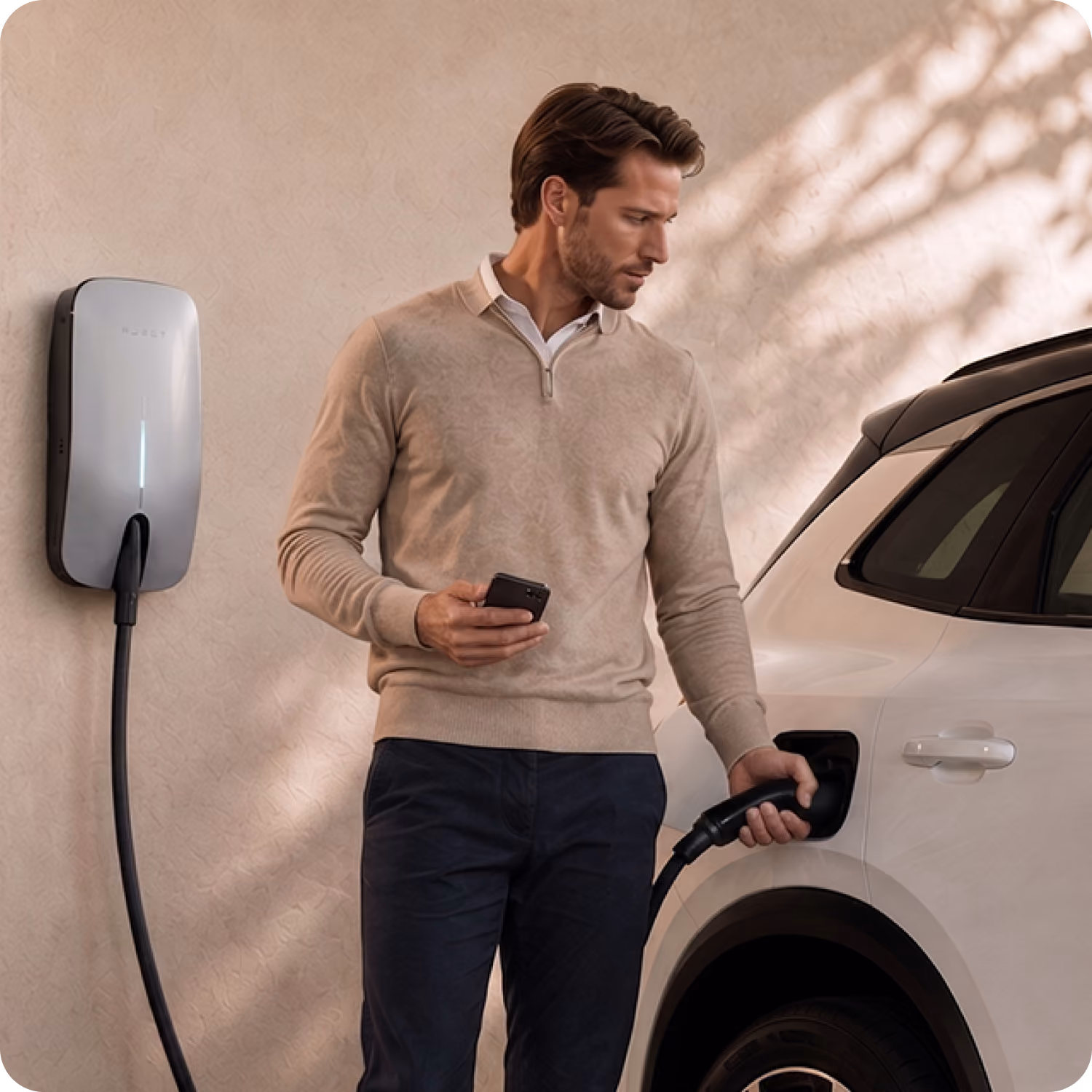 Person schließt ein Ladekabel an ein Elektroauto zu Hause an – über eine kompatible Wallbox
