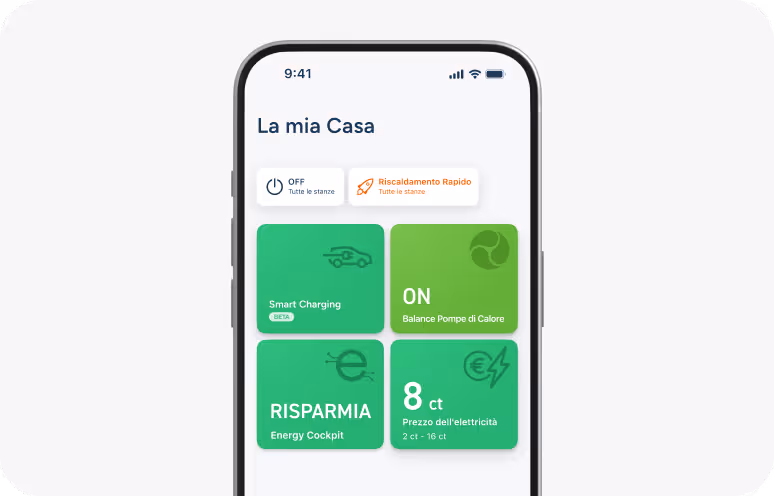 Schermata home dell'app tado°: Smart Charging, Balance per Pompe di Calore attivo, risparmi Energy Cockpit e prezzo attuale dell'energia
