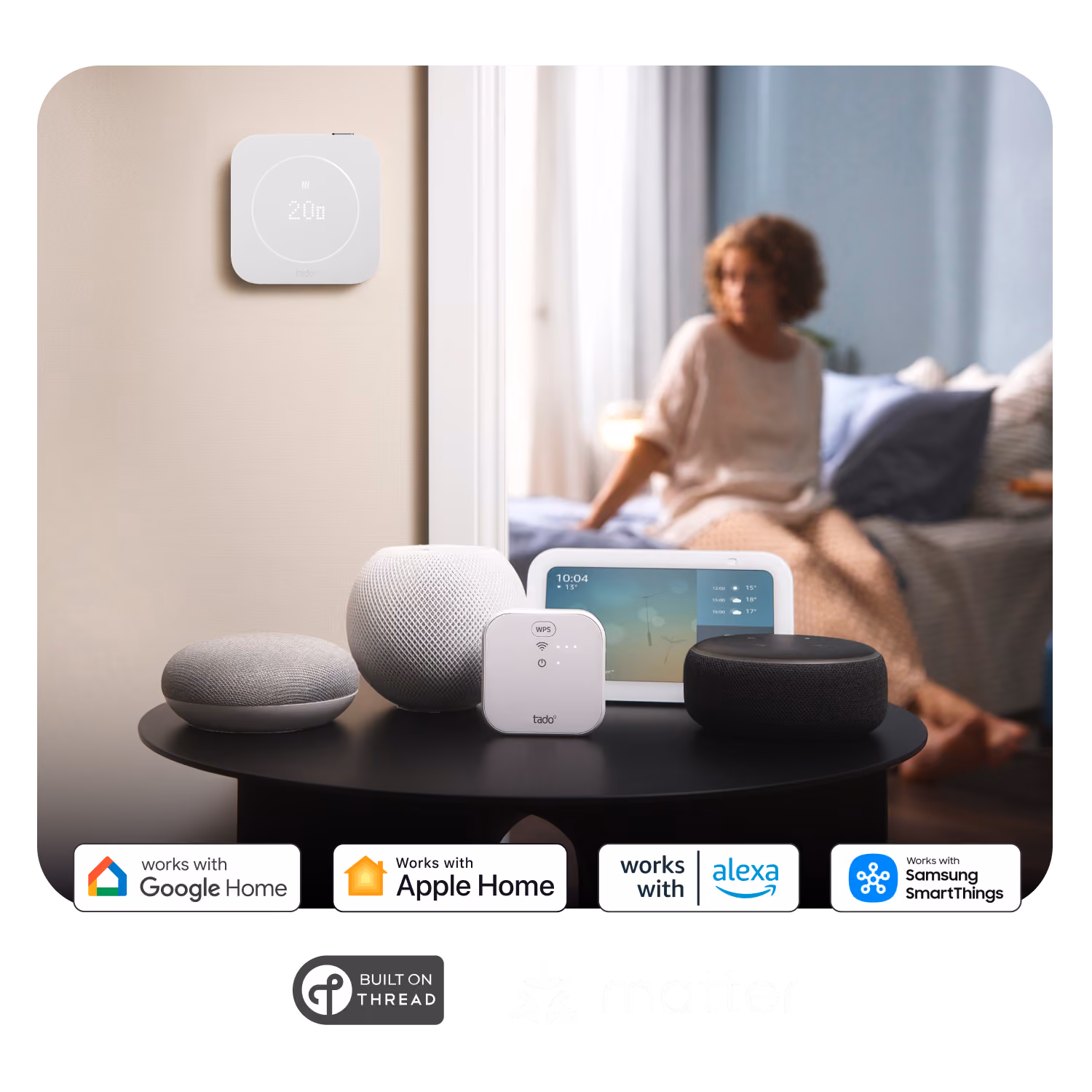 Termostato Inteligente X (2ª gen.), altavoces inteligentes y logos de Amazon Alexa, Google Home, Apple Home y Smart Things