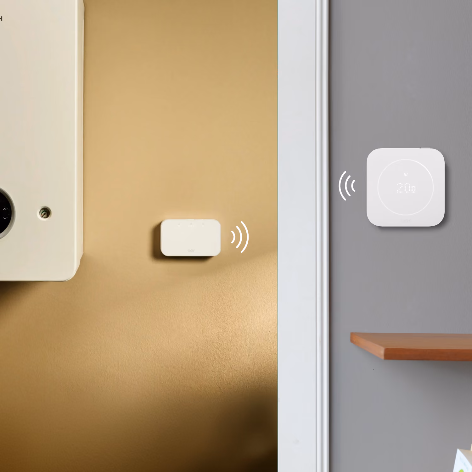 Image showing boiler connected to tado° Wireless Receiver, communicating with Wireless Temperature Sensor X