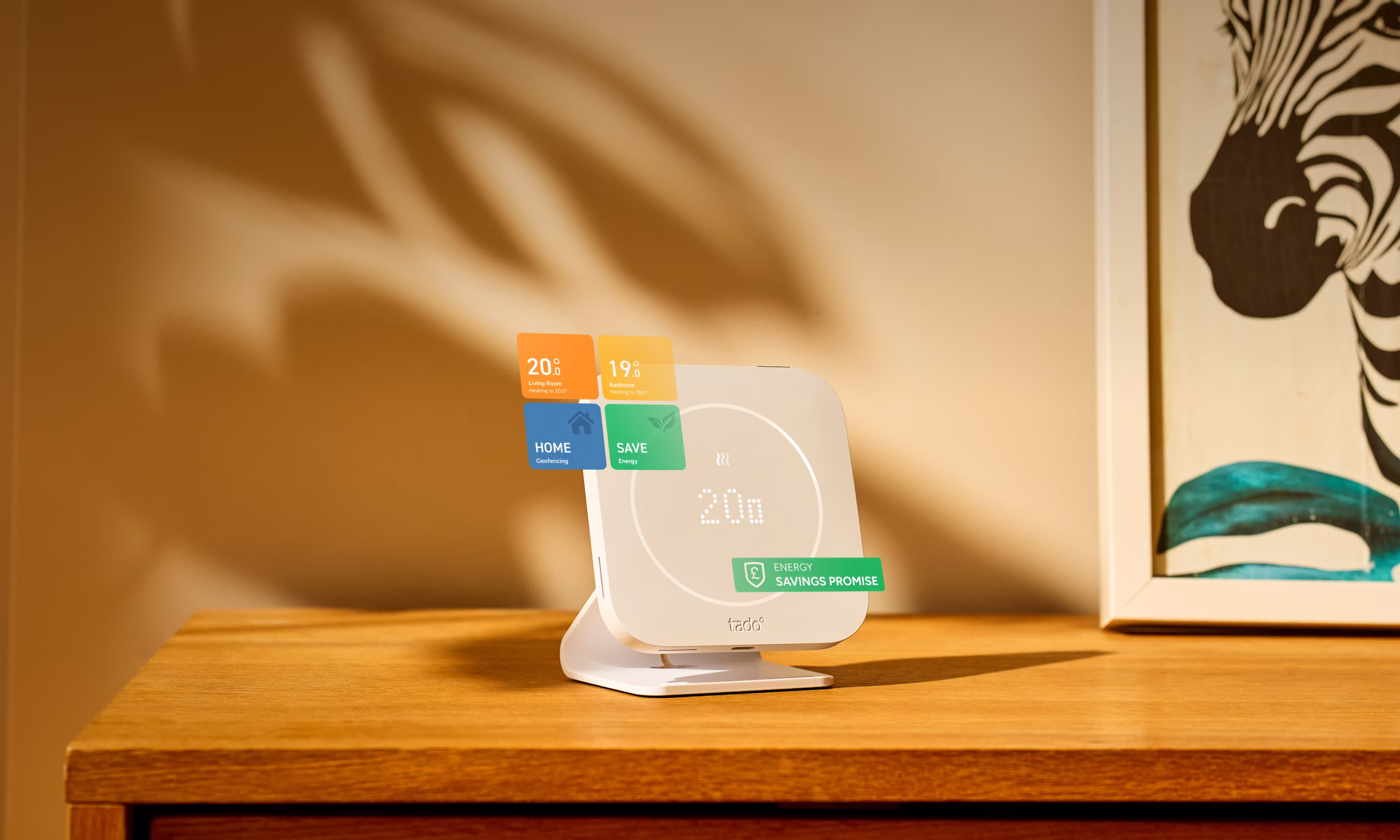 tado° Smart Thermostat X (2nd gen) on a shelf with App UI elements showing temperatures for different rooms