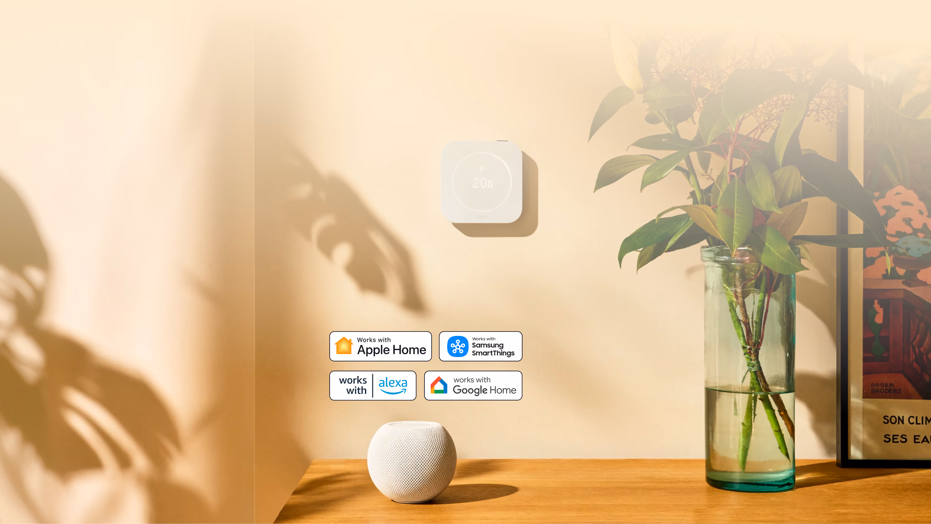 tado° Smart Thermostat X (2nd gen) next to a smart speaker and Amazon Alexa, Google Home, Apple Home, and Smart Things logos