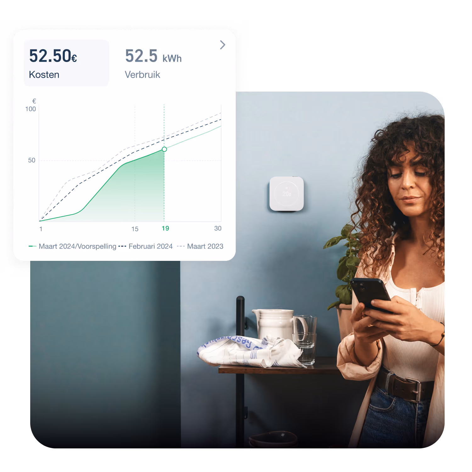 Persoon die de tado° app gebruikt, met een overzicht van energieverbruik en kosten