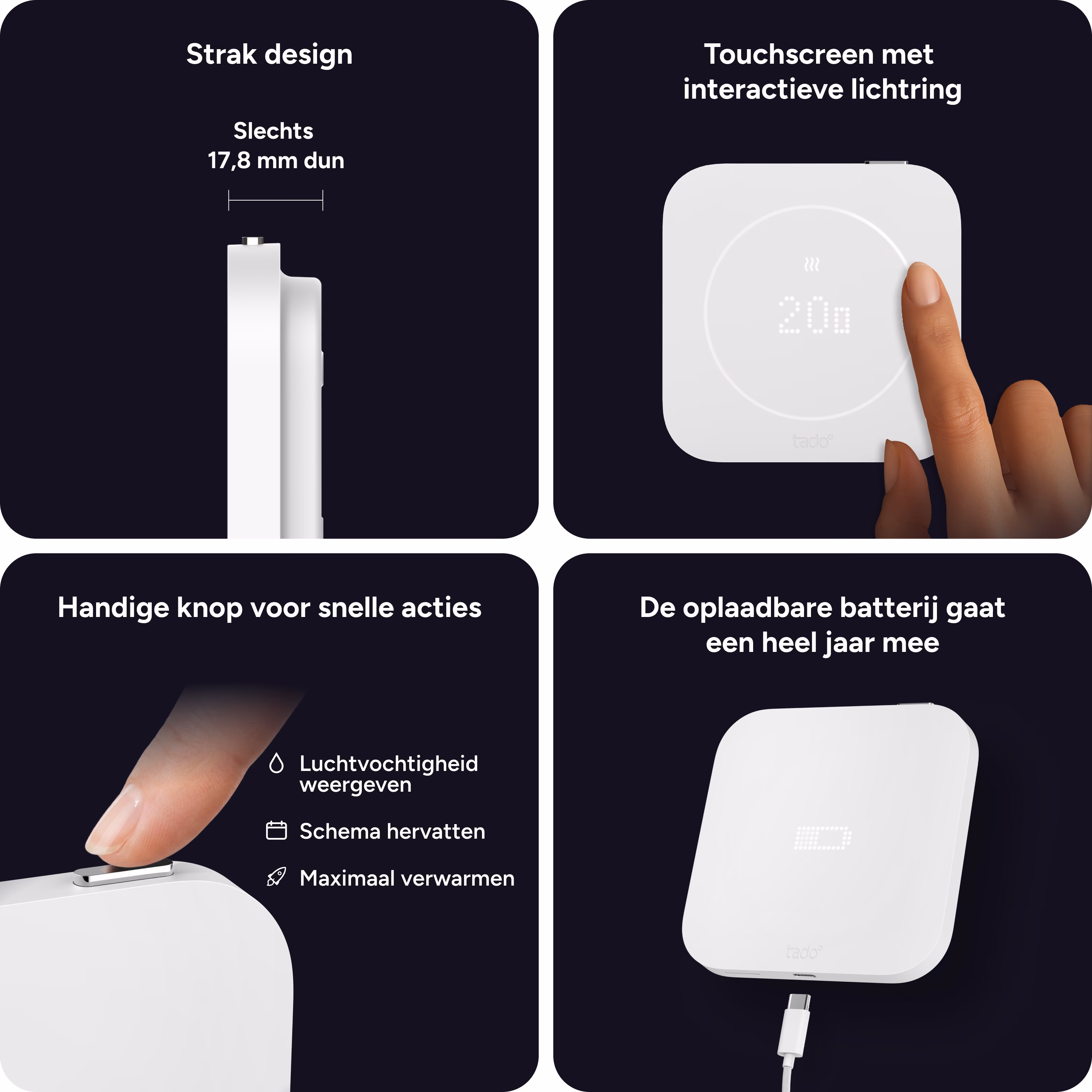 Kenmerken van Slimme Thermostaat X (2e gen.): plat ontwerp, oplaadbaar, sneltoets, touchscreen