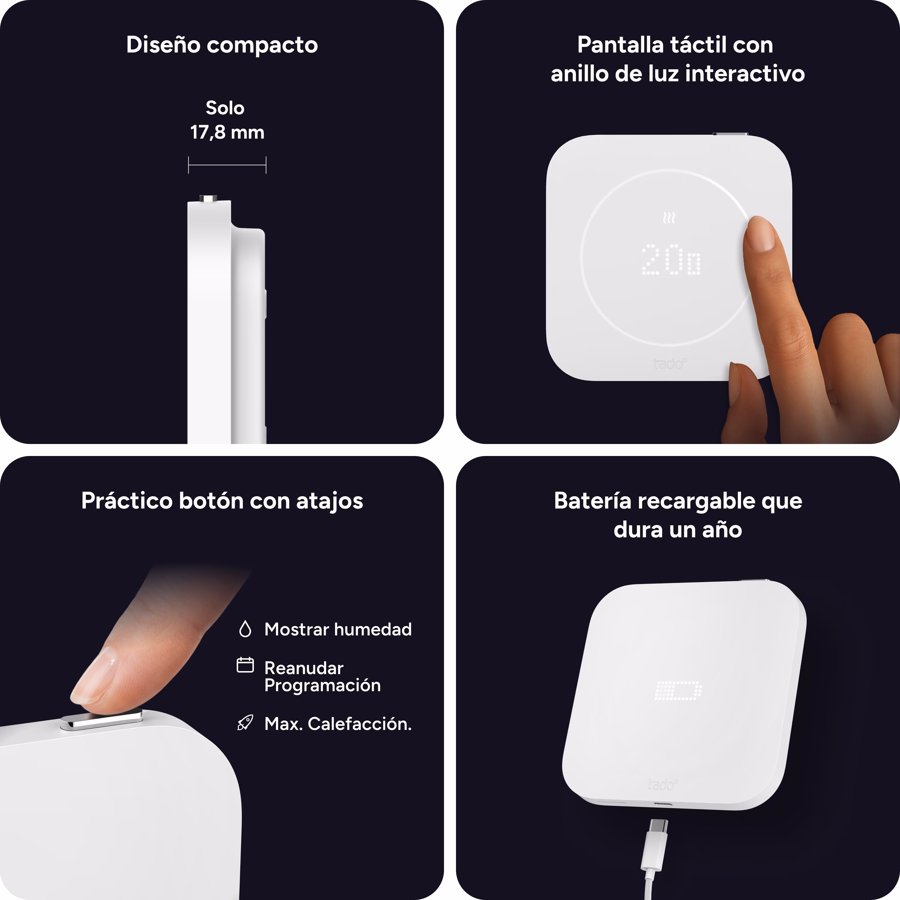 Características del Termostato Inteligente X (2.ª gen.): diseño fino, recargable, botón de acceso rápido, pantalla táctil