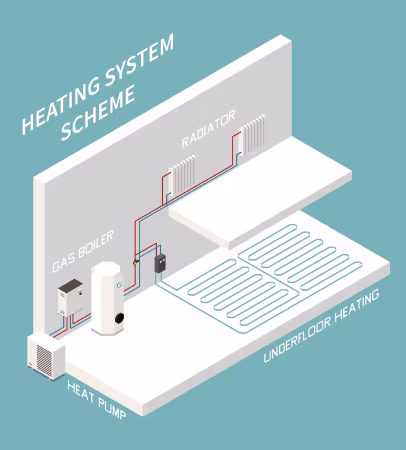 Isometric diagram of a residential heating system showing interconnected components: a gas boiler and heat pump at the base, pipes leading to wall-mounted radiators and underfloor heating coils embedded in the floor. The schematic illustrates how multiple heat sources can work together in a hybrid heating system.
