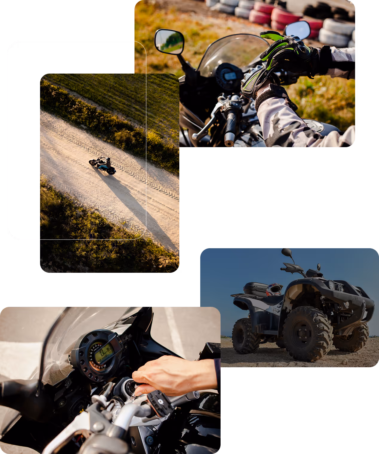 Collage of motorcycles and an ATV including aerial view of biker on dirt road, close-up of hands on bike controls, and an ATV on a sandy terrain.