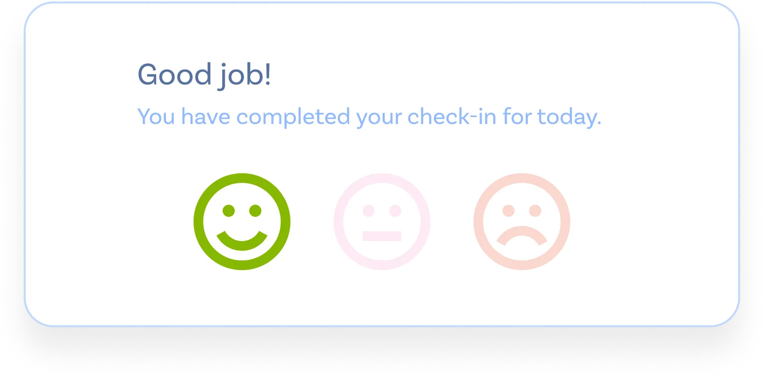 Een visualisatie van het Wenite dashboard, een blije boodschap na het invullen van de dagelijkse check-in.