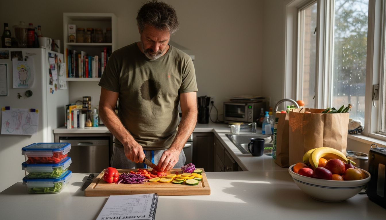 Man prepping healthy food at kitchen counter