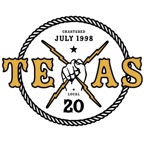 Logo with the word TEXAS in gold letters crossed by four lightning bolts and a central clenched fist, representing electrical workers.