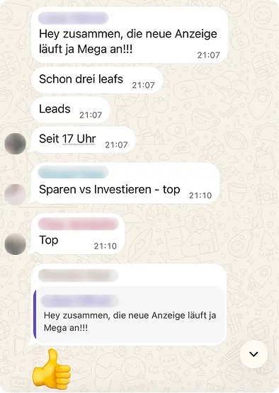Rückmeldung eines Kunden im gemeinsamen WhatsApp-Chat
