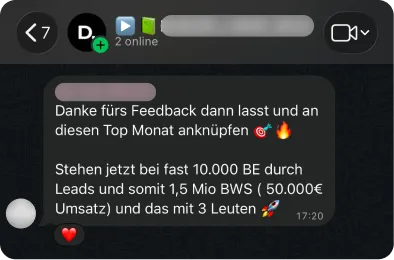 Rückmeldung eines Kunden im gemeinsamen WhatsApp-Chat