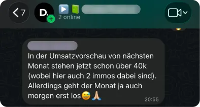 Rückmeldung eines Kunden im gemeinsamen WhatsApp-Chat