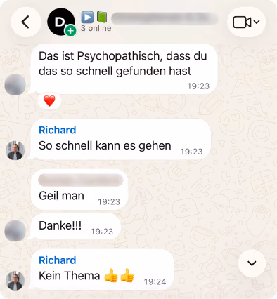 Rückmeldung eines Kunden im gemeinsamen WhatsApp-Chat