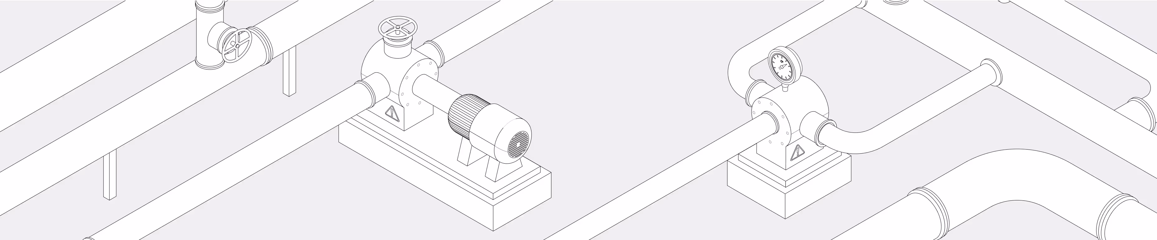 Isometric industrial pumps and pipes with valves and gauges
