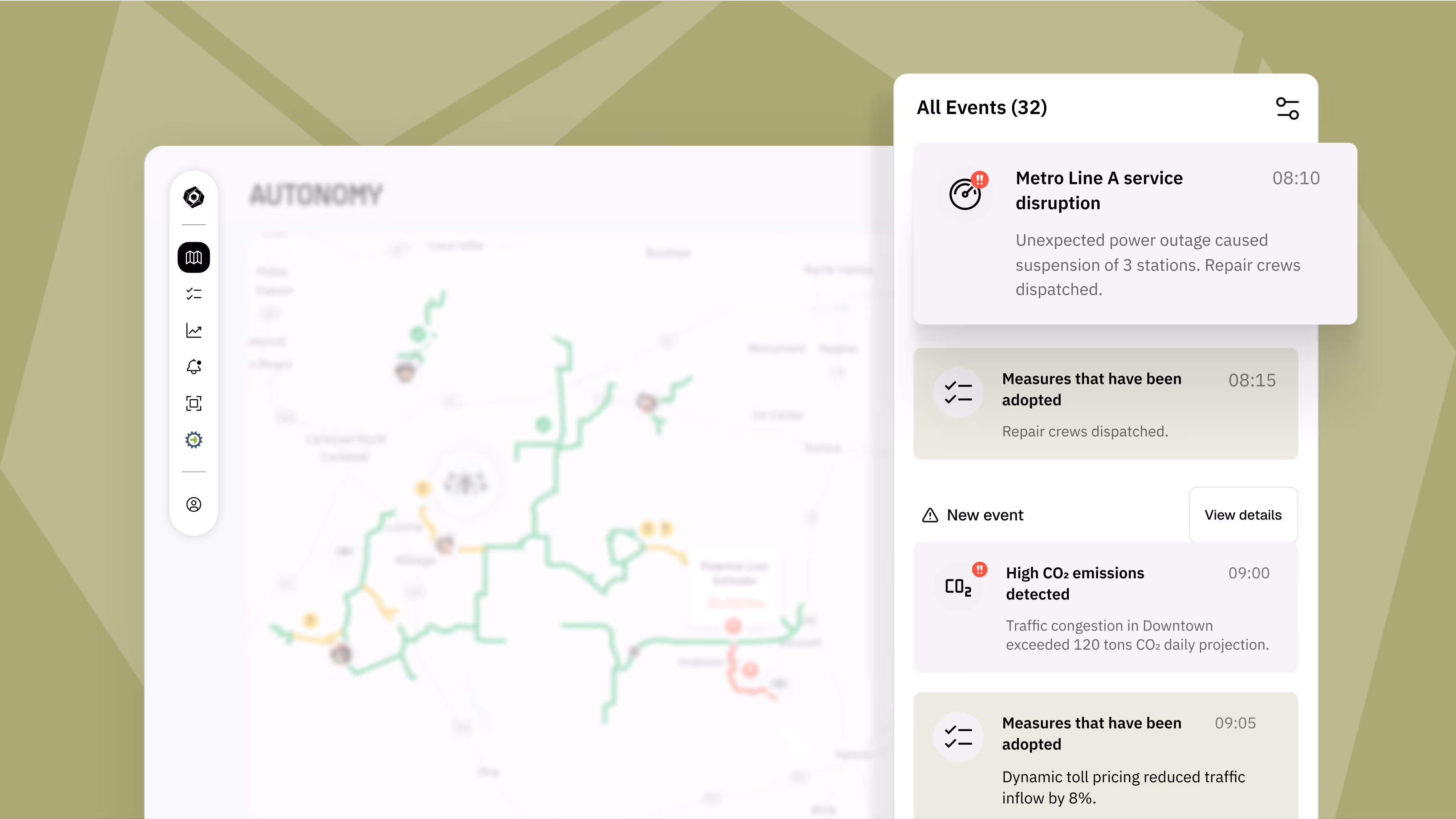 Metro line network map with event notifications about service disruption