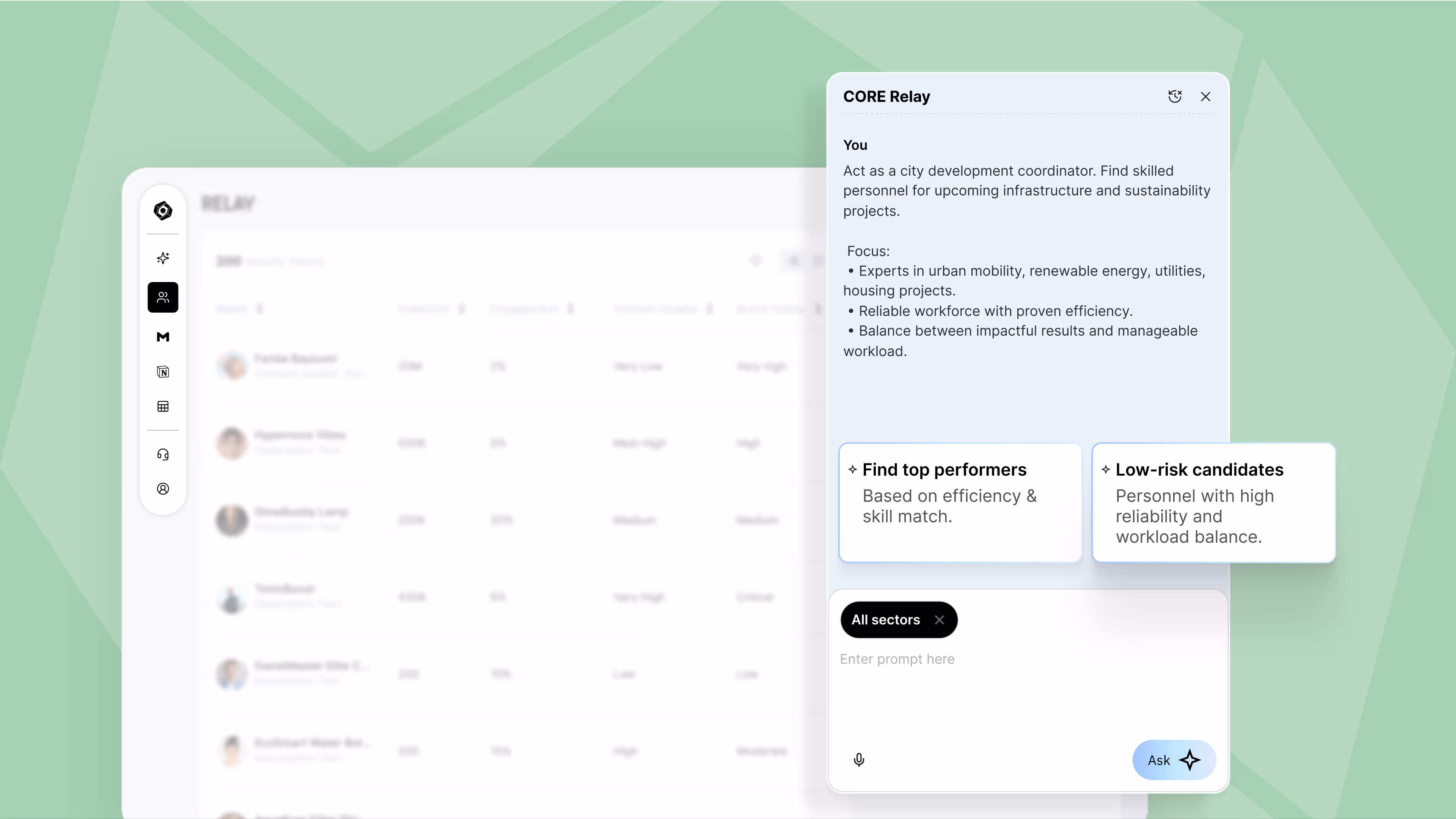 CORE Relay interface for finding top performers and low-risk candidates