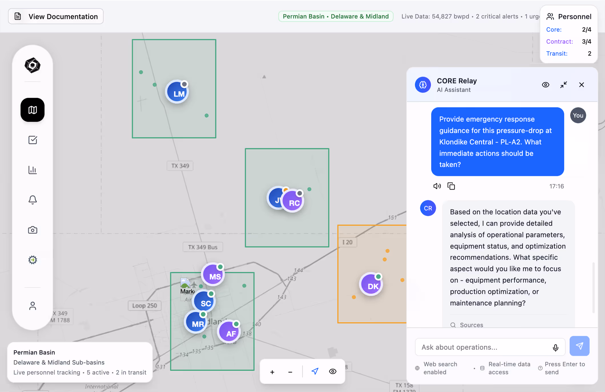 Oil field tracking map of Permian Basin with location markers and data interface