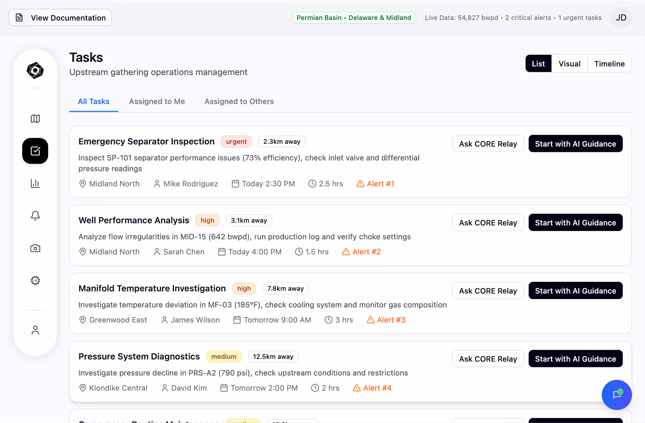 Upstream operations task management dashboard with urgent and high-priority tasks