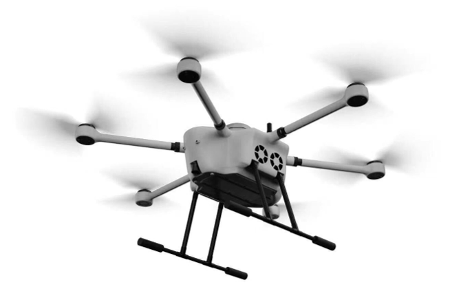 Six-rotor inspection drone seen from below, with landing skids, a sensor tray and a fuel-cell pack under the body