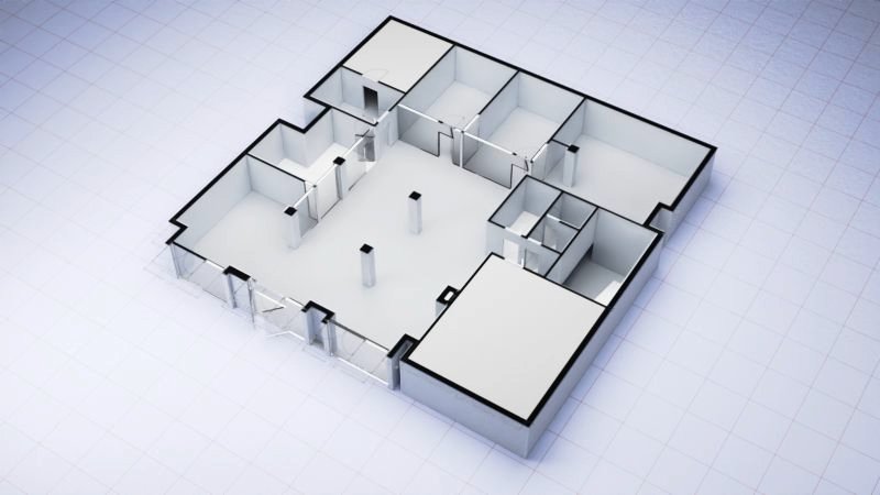 3D-Grundriss des Ideencampus by LECOS mit markiertem Atrium – interaktive Übersicht der Räume für kommunale Digitalisierung in Leipzig