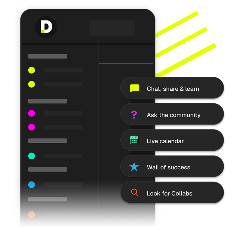 Pete Tong DJ Academy platform interface displaying community features like chat, collaboration opportunities, live calendar, and success stories