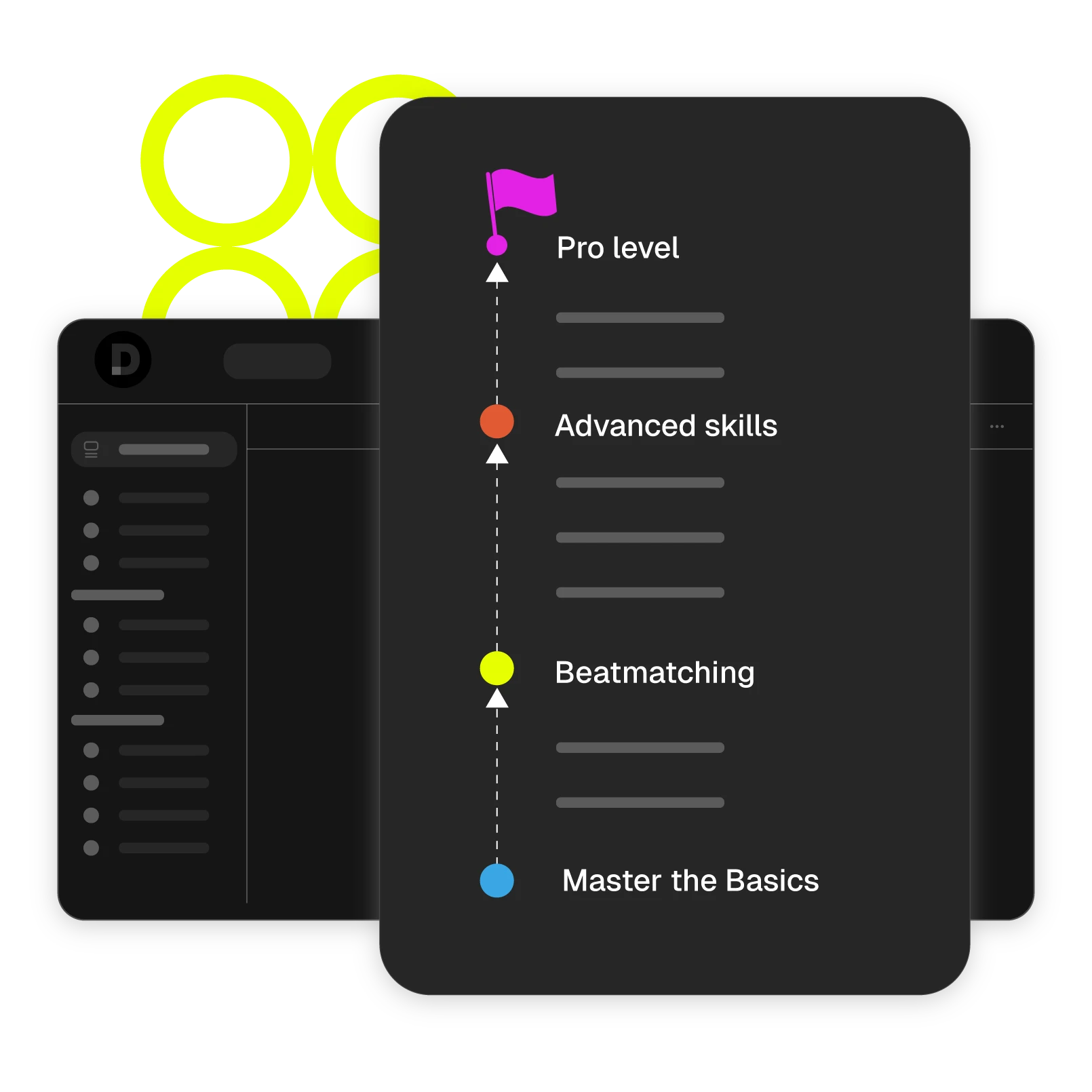 Pete Tong DJ Academy progress tracker displaying skill levels from mastering the basics to pro-level DJing