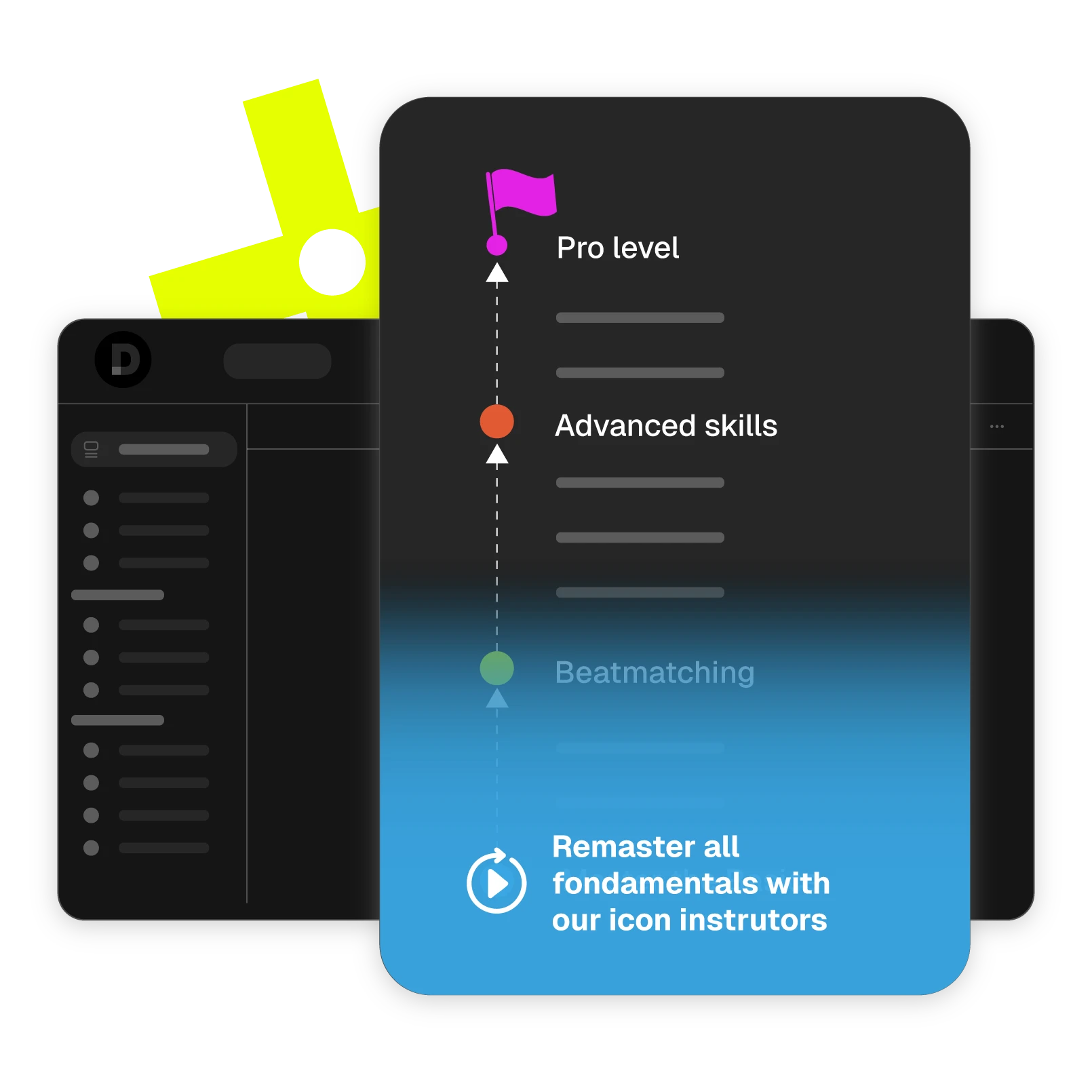 Pete Tong DJ Academy progress tracker displaying skill levels from beatmatching to pro-level, with an option to remaster fundamentals with iconic instructors