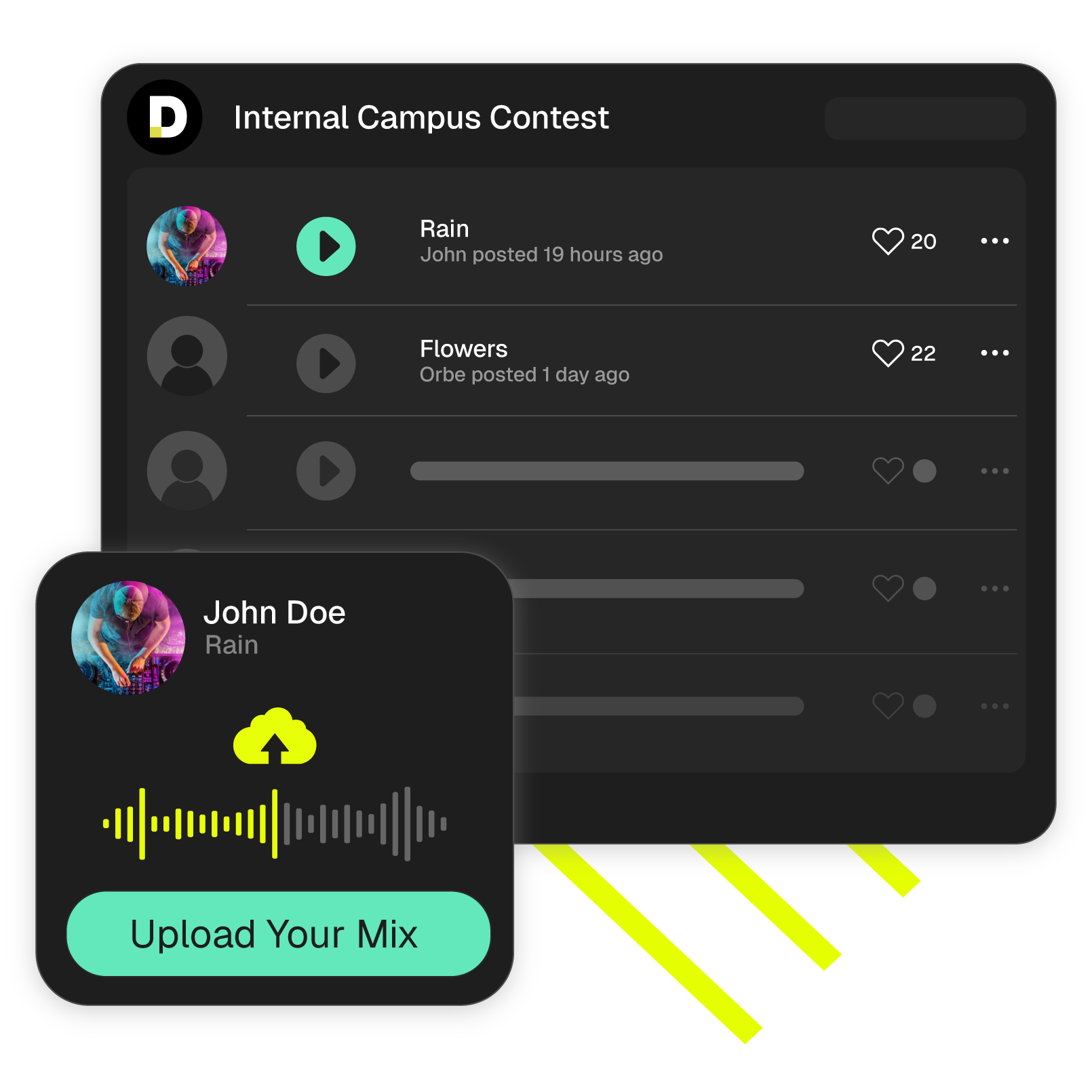 Pete Tong DJ Academy Internal Campus Contest platform where students upload and share their DJ mixes for competition and feedback