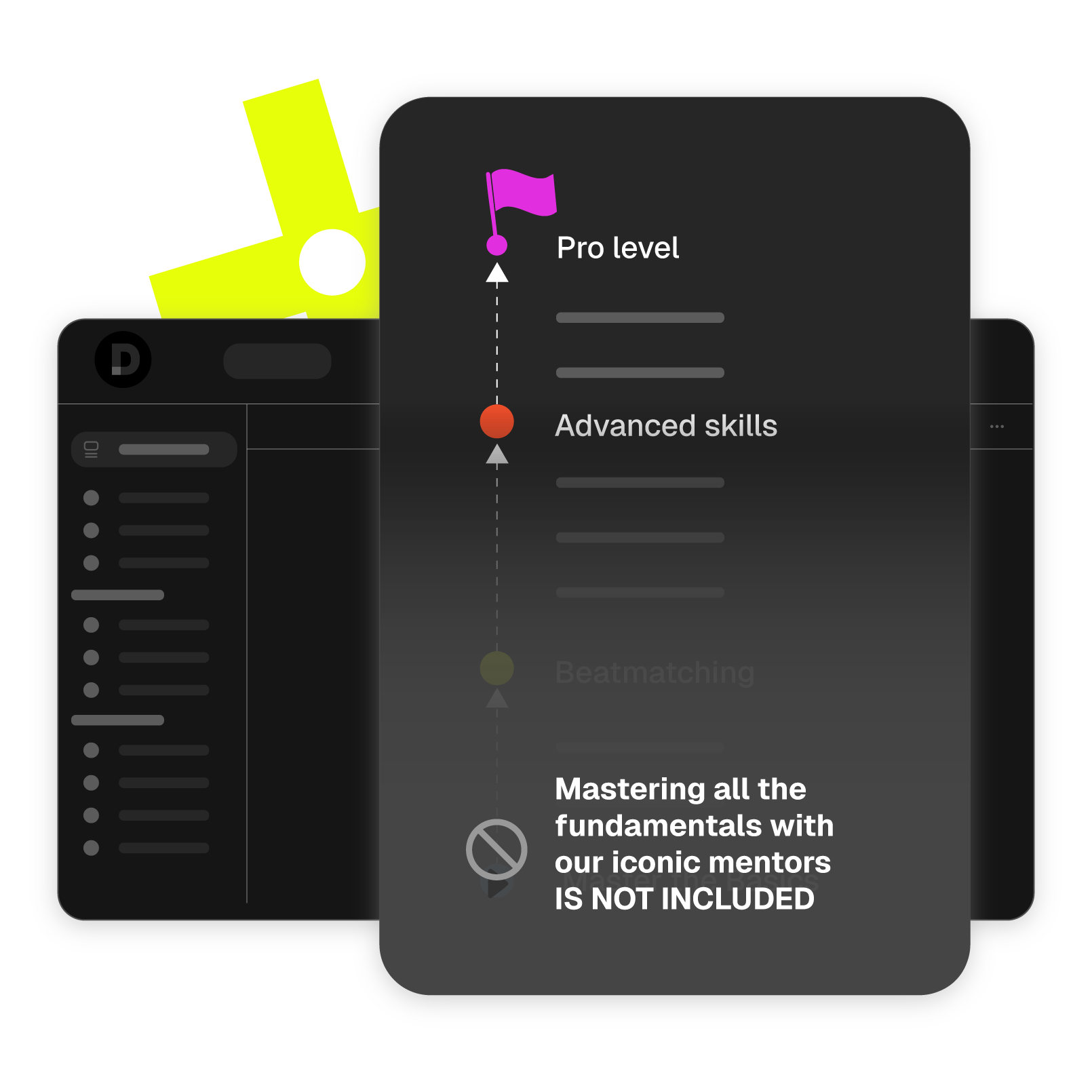 Pete Tong DJ Academy progress tracker displaying skill levels from beatmatching to pro-level, highlighting missing fundamental training