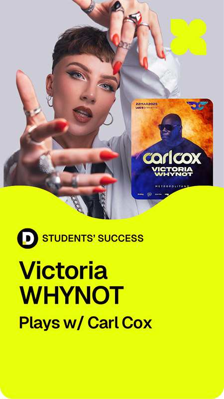 Pete Tong DJ Academy student Victoria WHYNOT performing alongside Carl Cox, featured in the Students' Success showcase
