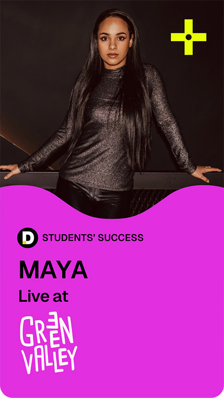 Pete Tong DJ Academy student Maya performing live at Green Valley, featured in the Students' Success showcase.
