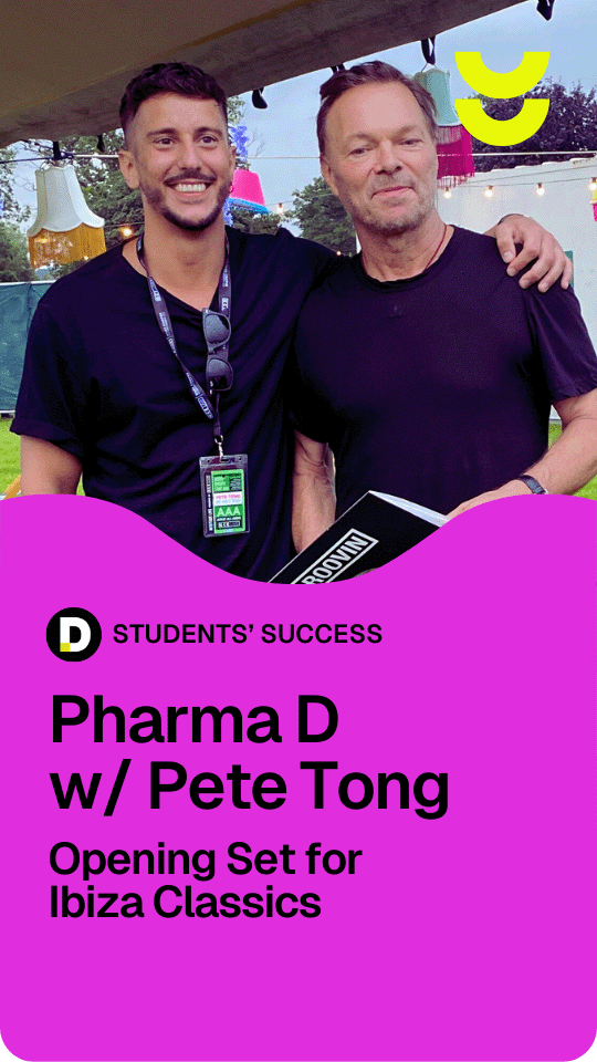 Pete Tong DJ Academy student Pharma D performing the opening set for Ibiza Classics alongside Pete Tong, featured in the Students' Success showcase